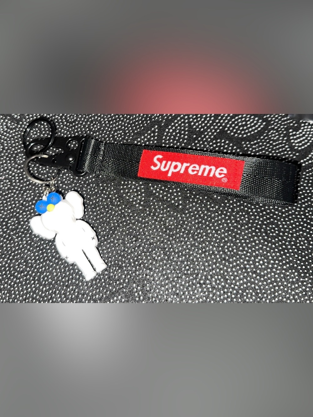 Supreme Red Logo on Black Speckled Fabric